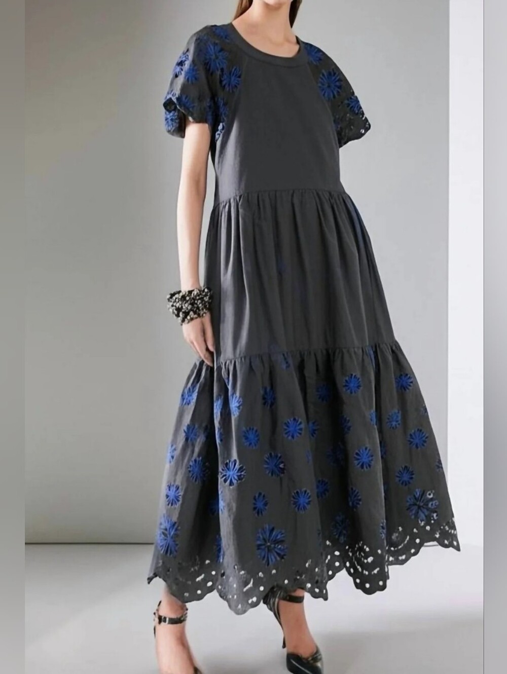 SOMETHING NAVY Black Blue Maxi Dress Embroidered Small NEW